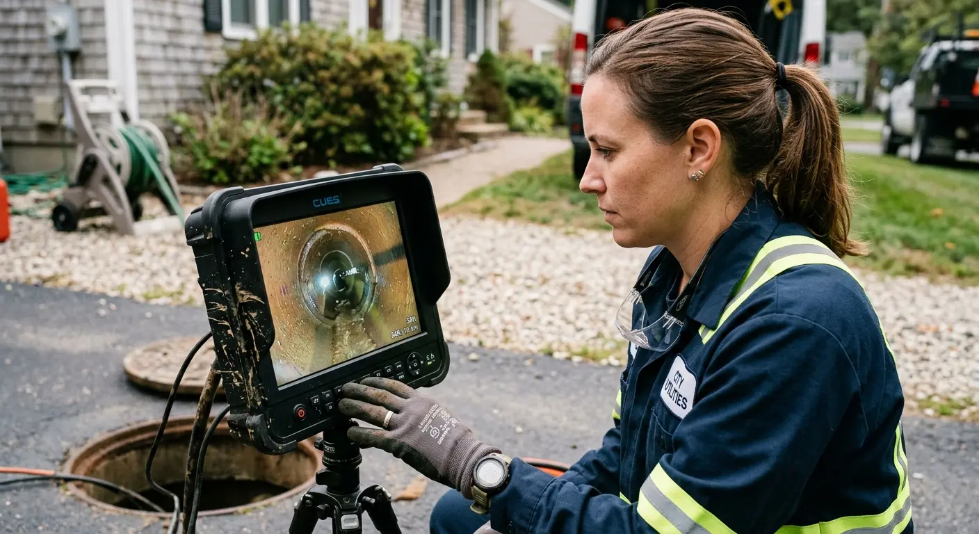 Technician reviewing sewer camera inspection footage in Delran