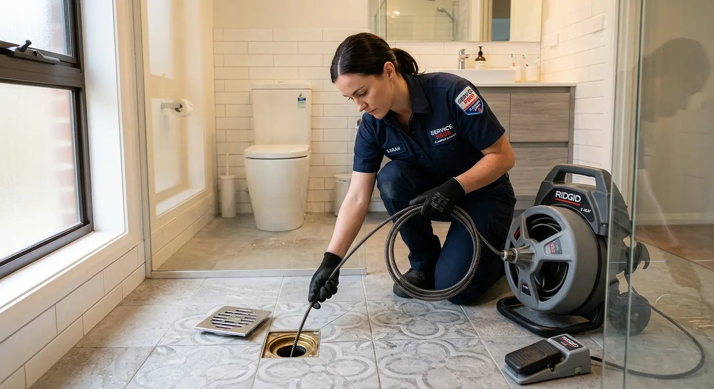 Technician clearing a bathroom floor drain for Sewer Line Replacement in Delran